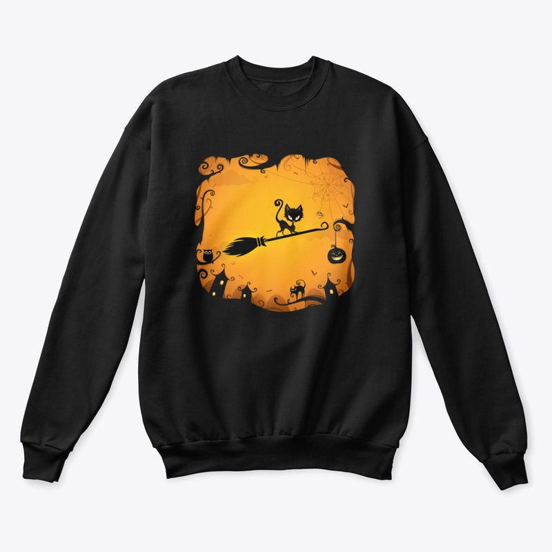Black Cat Ride Broom T Shirt Funny Hallo