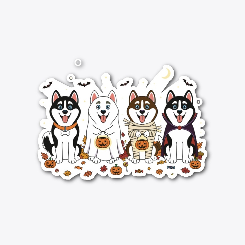 4 Adorable Huskies in Halloween Costumes