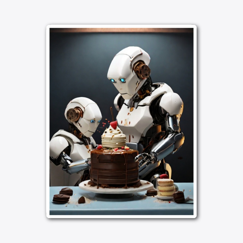 Two robots staring at a cake