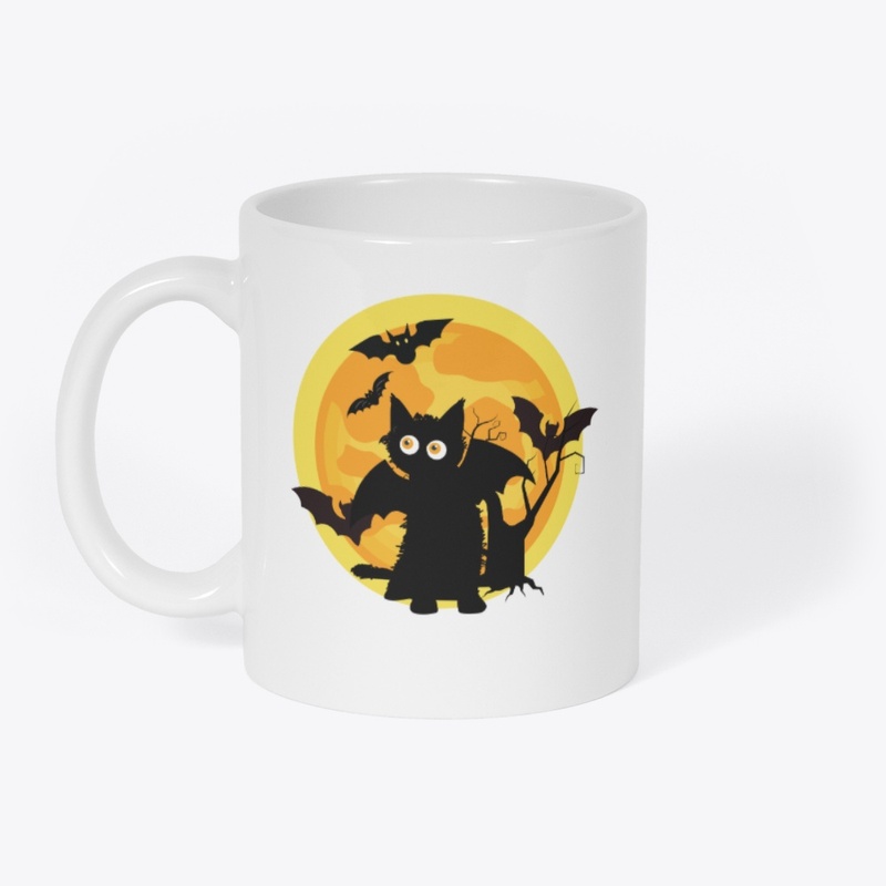 Halloween cat, bats, and moon silhouette