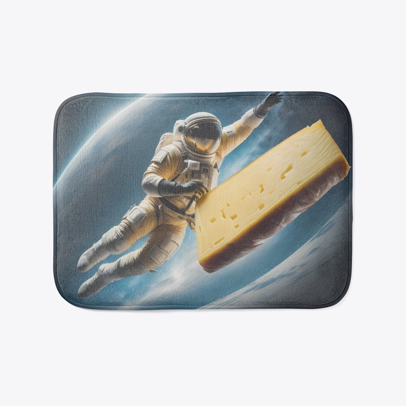 A spaceman chasing a piece of cheese