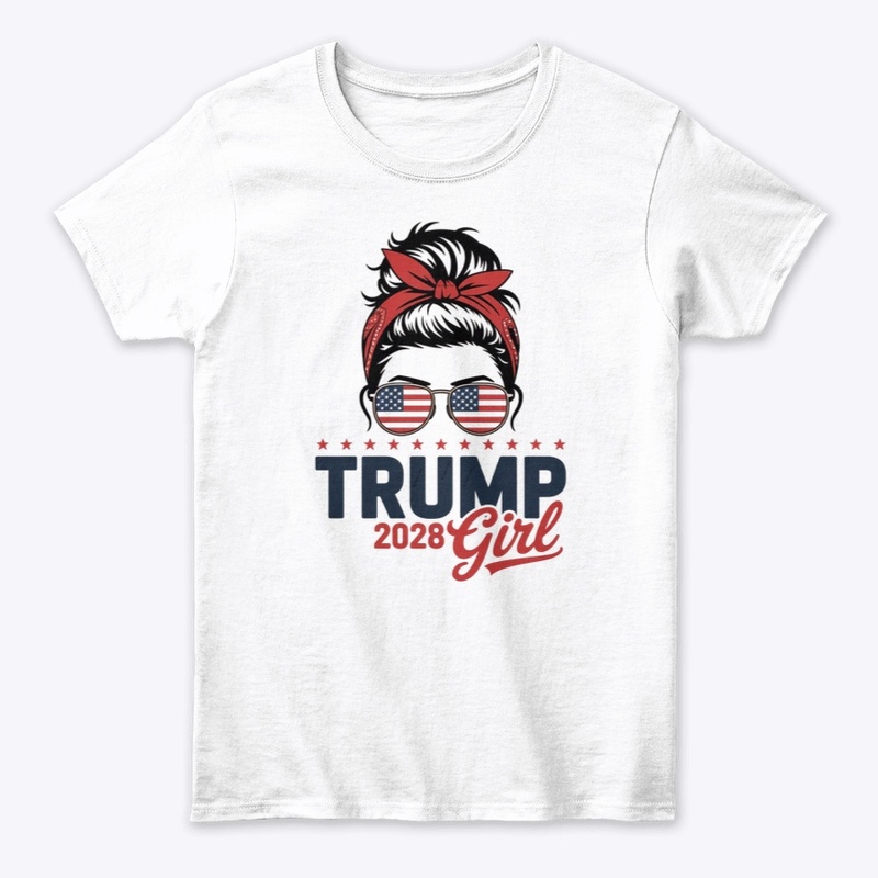 Trump 2028 Girl Messy Bun Patriotic Tee