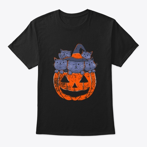 Pumpkin Jack O Lantern With Cats Black T-Shirt Front