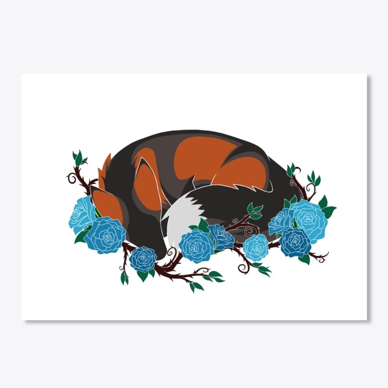 Laying fox with blue roses