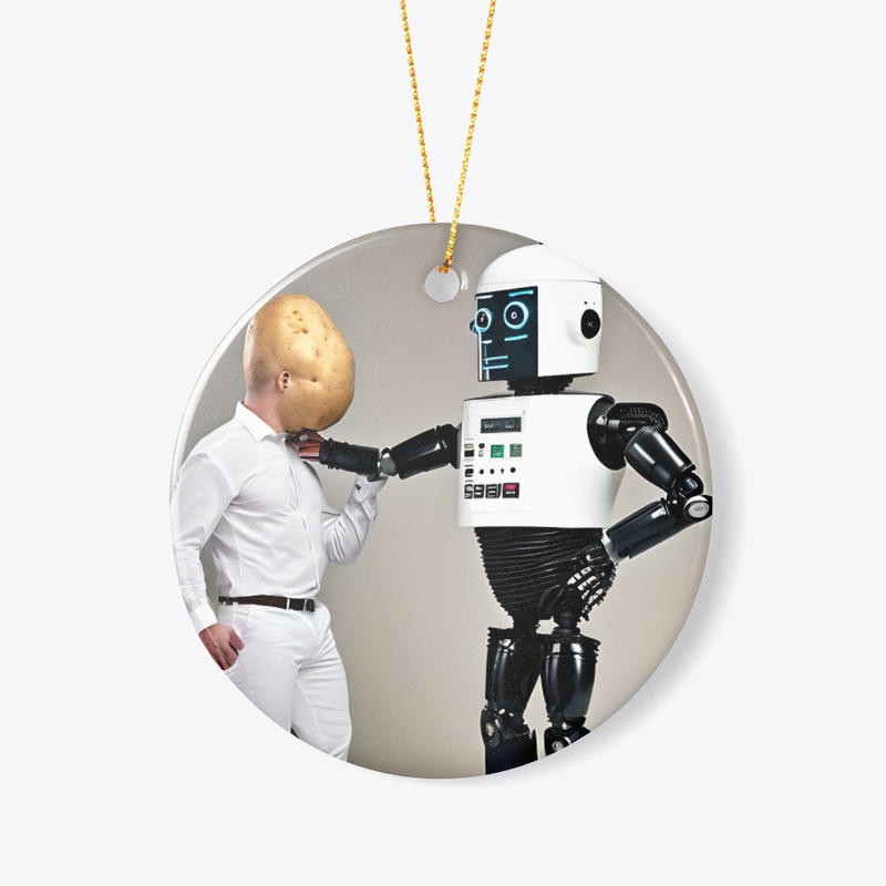 A robot stood up. A man wearing a potato