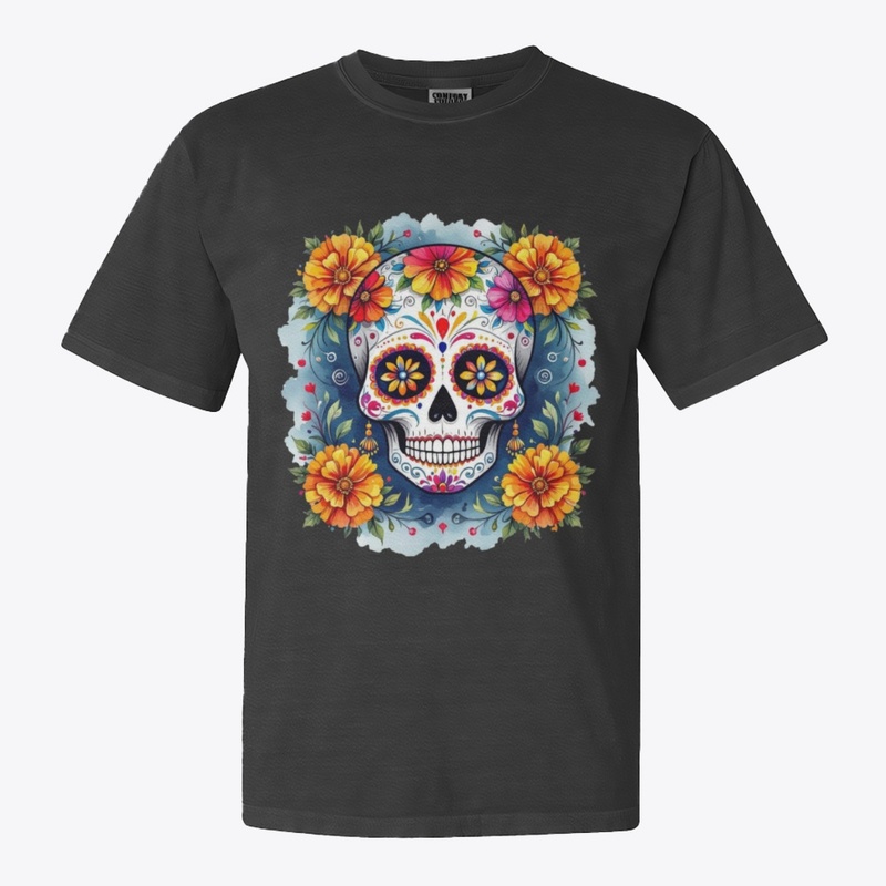 Vibrant Sugar Skull with Marigolds 