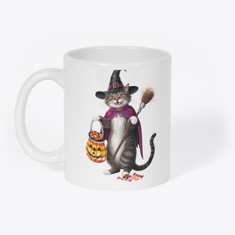Halloween Witch Cat White Kaos Front