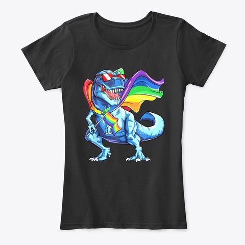 Dinosaur Gay Pride Lgbt Rainbow Flag Black T-Shirt Front