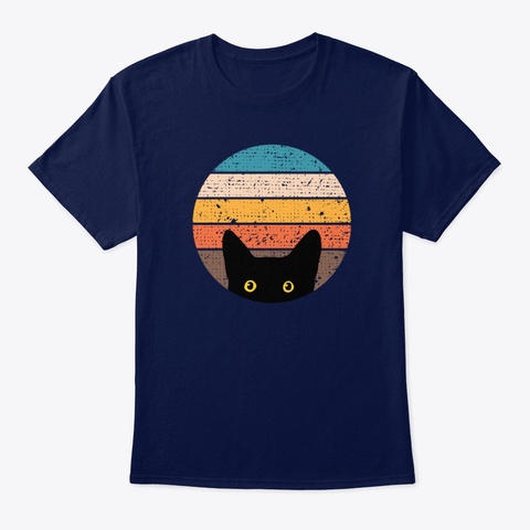 Peeking Cat In Retro Circle Navy T-Shirt Front