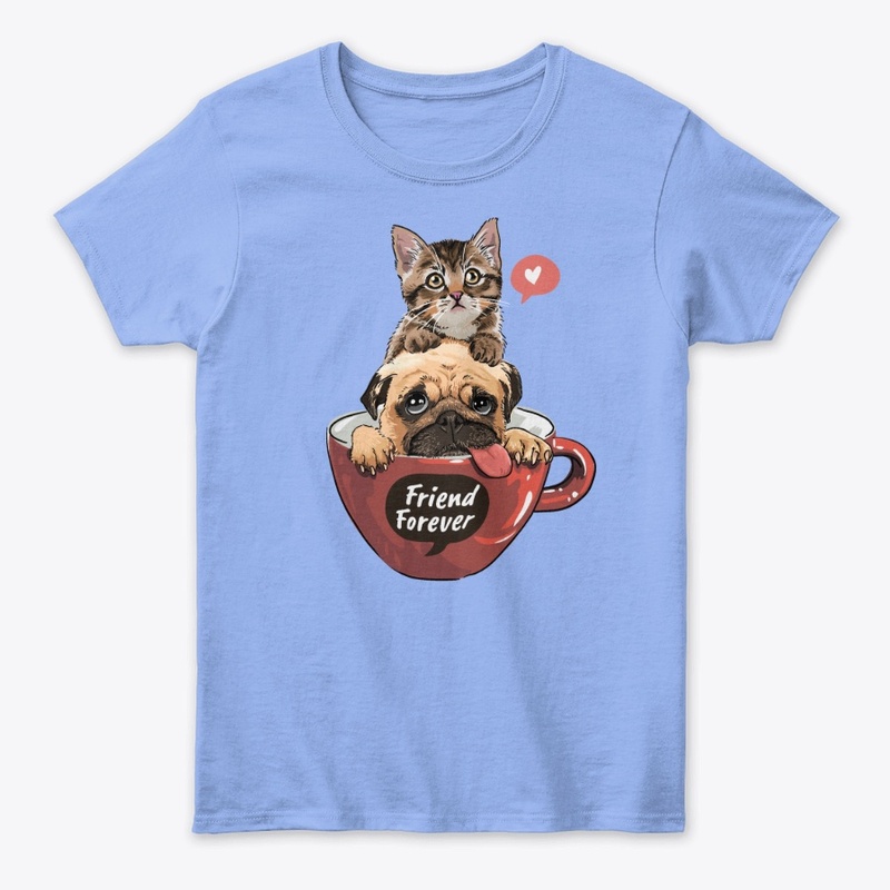 Kitten and pug dog sitting in a cup