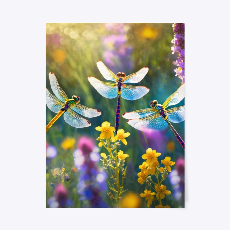 Dragonflies in meadow of colorful flower