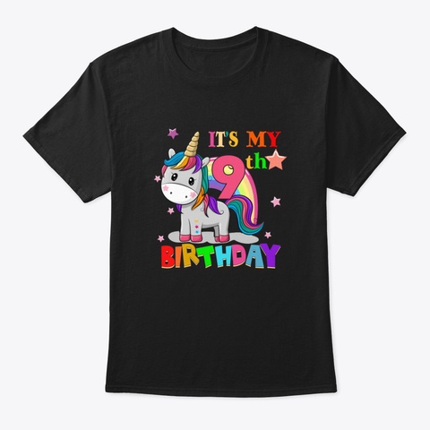 Kids 9 Yrs Old 9 Th Birthday Unicorn Shir Black T-Shirt Front