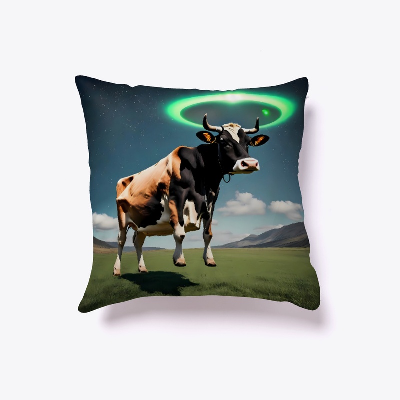 A cow being levitated by a spacecraft